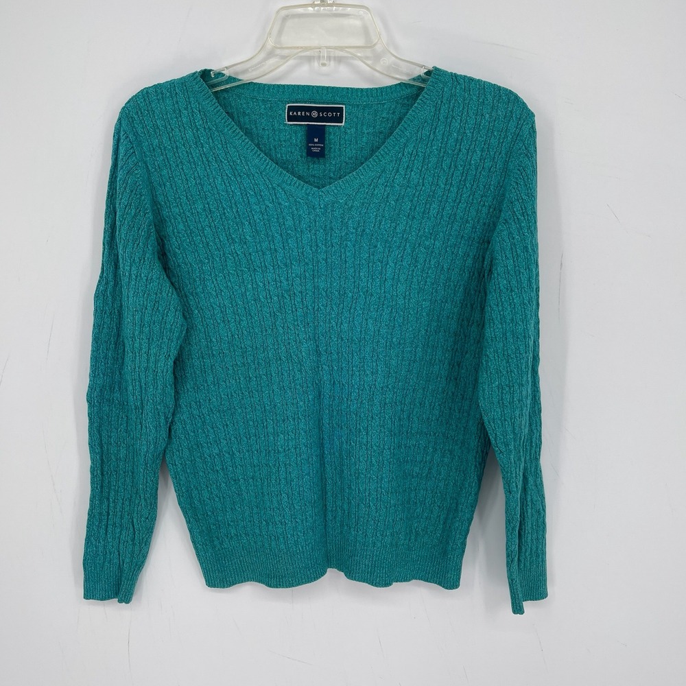 Karen Scott Women's Teal Cotton Cable Knit V-Neck Pullover Sweater Top Size M